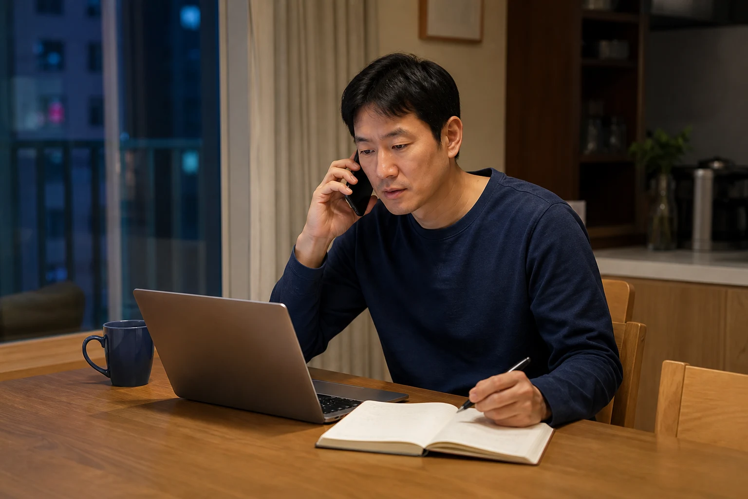 저녁 치과 접수 데스크에서 전화로 예약을 확인하는 모습